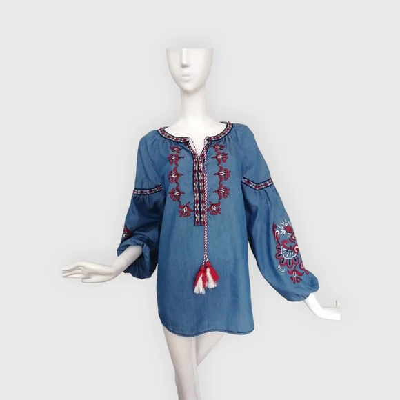 Desigual Denim Blue Blouse with Red Embroidery - Picture 1 of 7